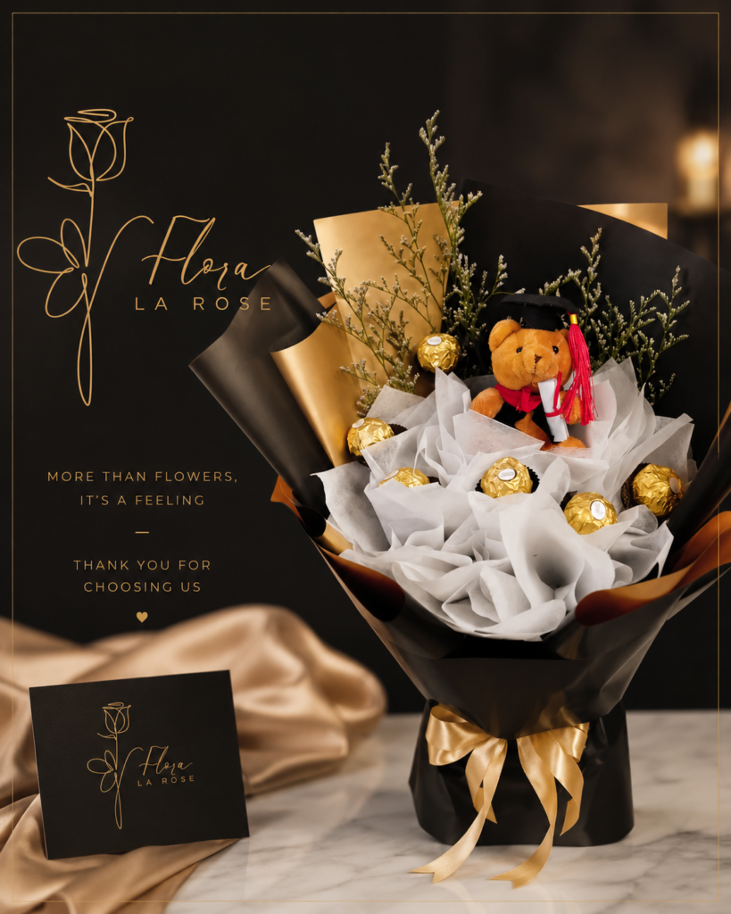 Luxury graduation bouquet by Flora La Rose featuring Ferrero chocolates, a graduation teddy bear, elegant black and gold wrapping, and premium floral styling in Dubai.