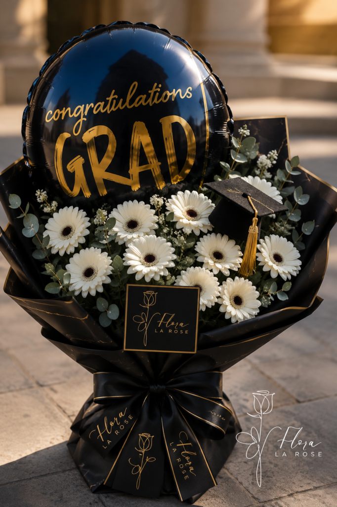 Luxury graduation bouquet with white gerbera flowers, black premium wrapping, graduation cap, and congratulations balloon by Flora La Rose