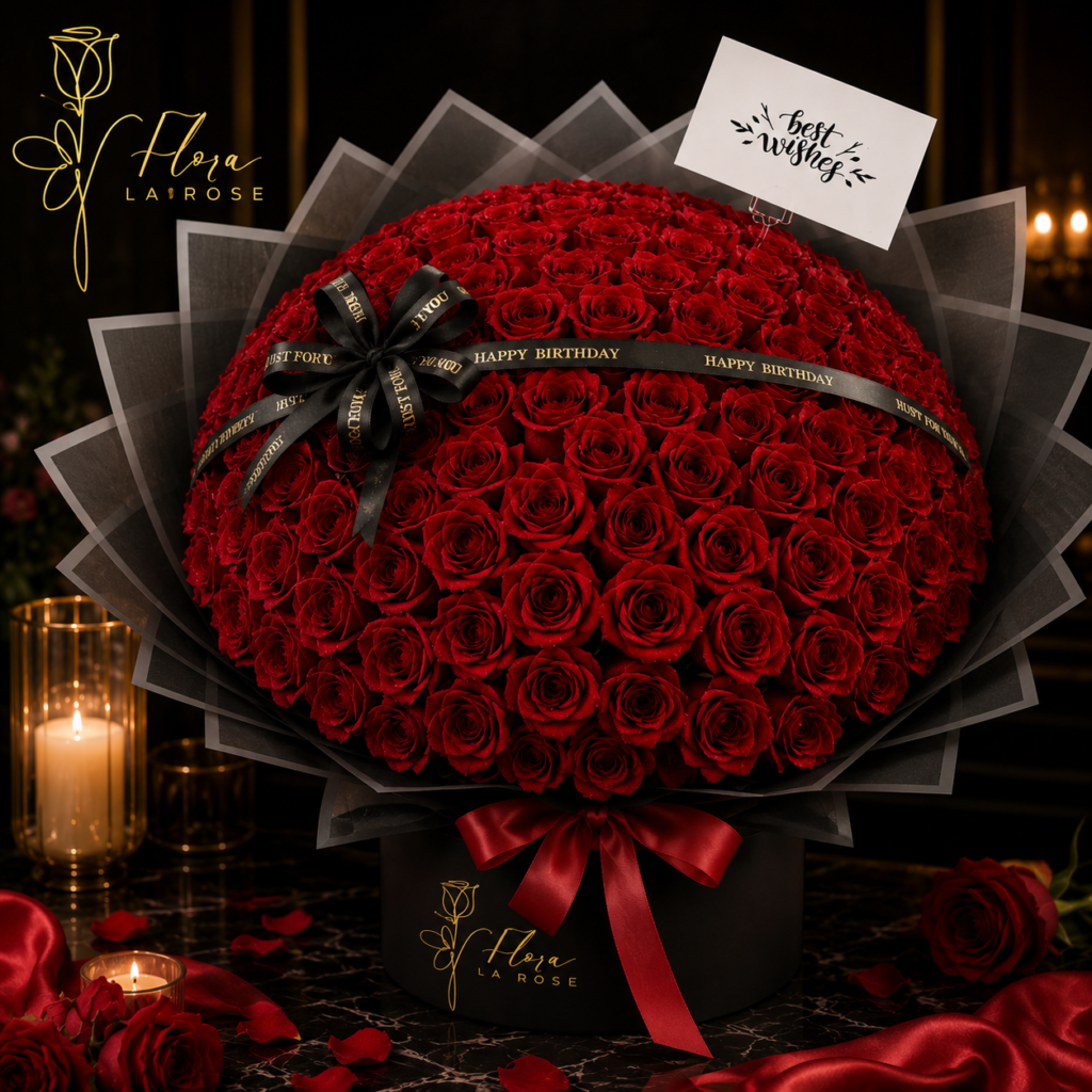 Luxury Red Rose Bouquet Dubai by Flora La Rose featuring premium fresh red roses in elegant black wrapping and luxury floral presentation.