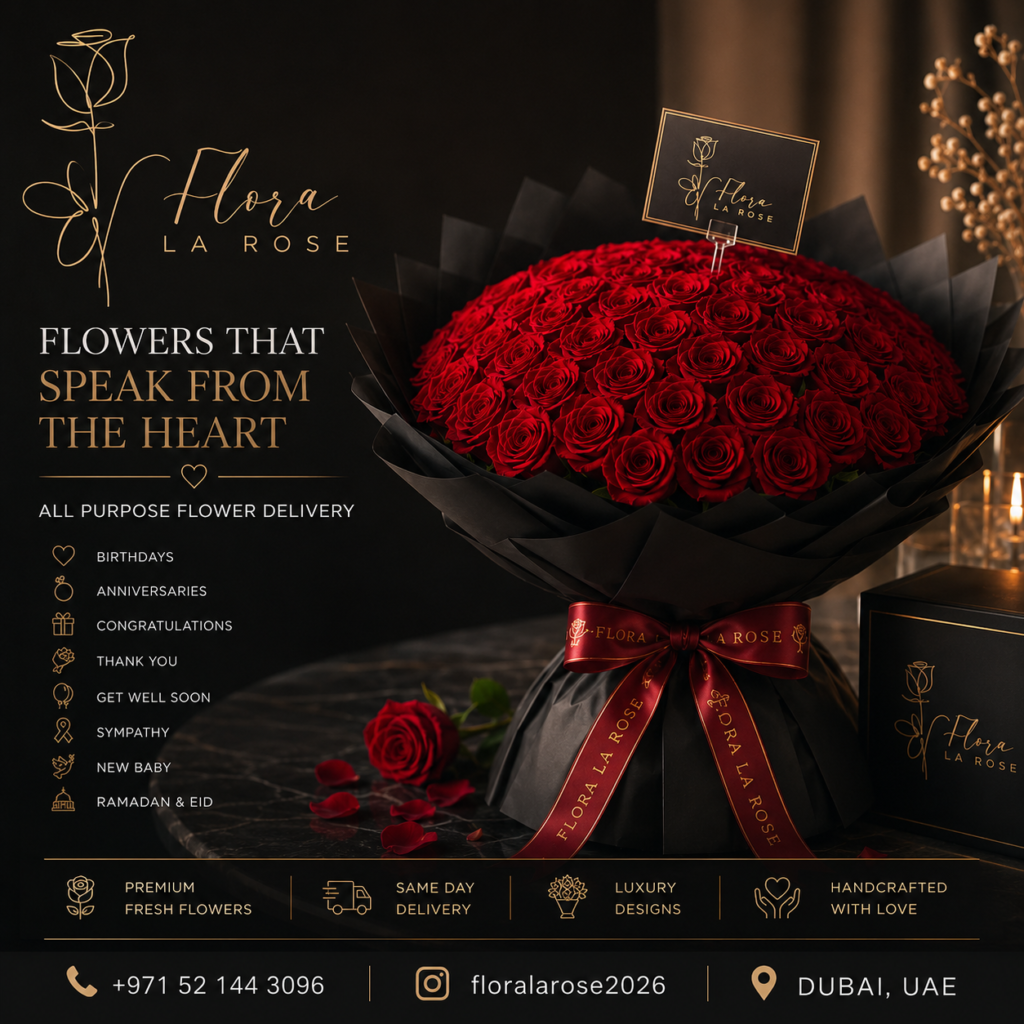 Luxury red rose bouquet with premium black wrapping by Flora La Rose Dubai flower delivery service.