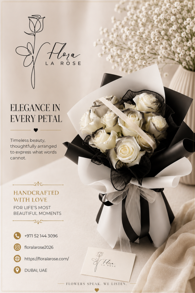 Luxury white rose bouquet with elegant black and white wrapping by Flora La Rose Dubai