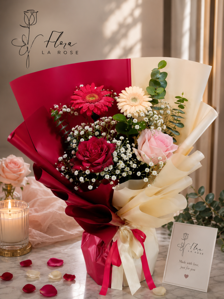 Fresh handcrafted featured bouquet by Flora La Rose with roses, gerberas, and elegant wrapping in Dubai.
