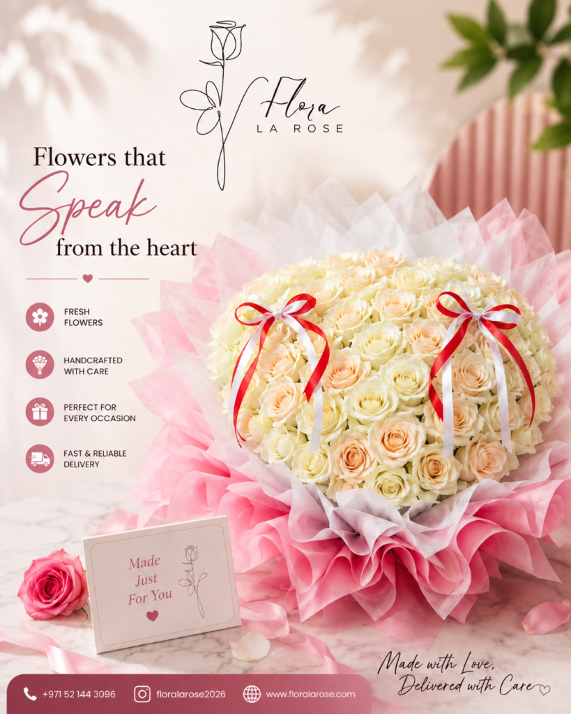 Luxury handcrafted rose bouquet with premium fresh red and white roses by Flora La Rose in Dubai.