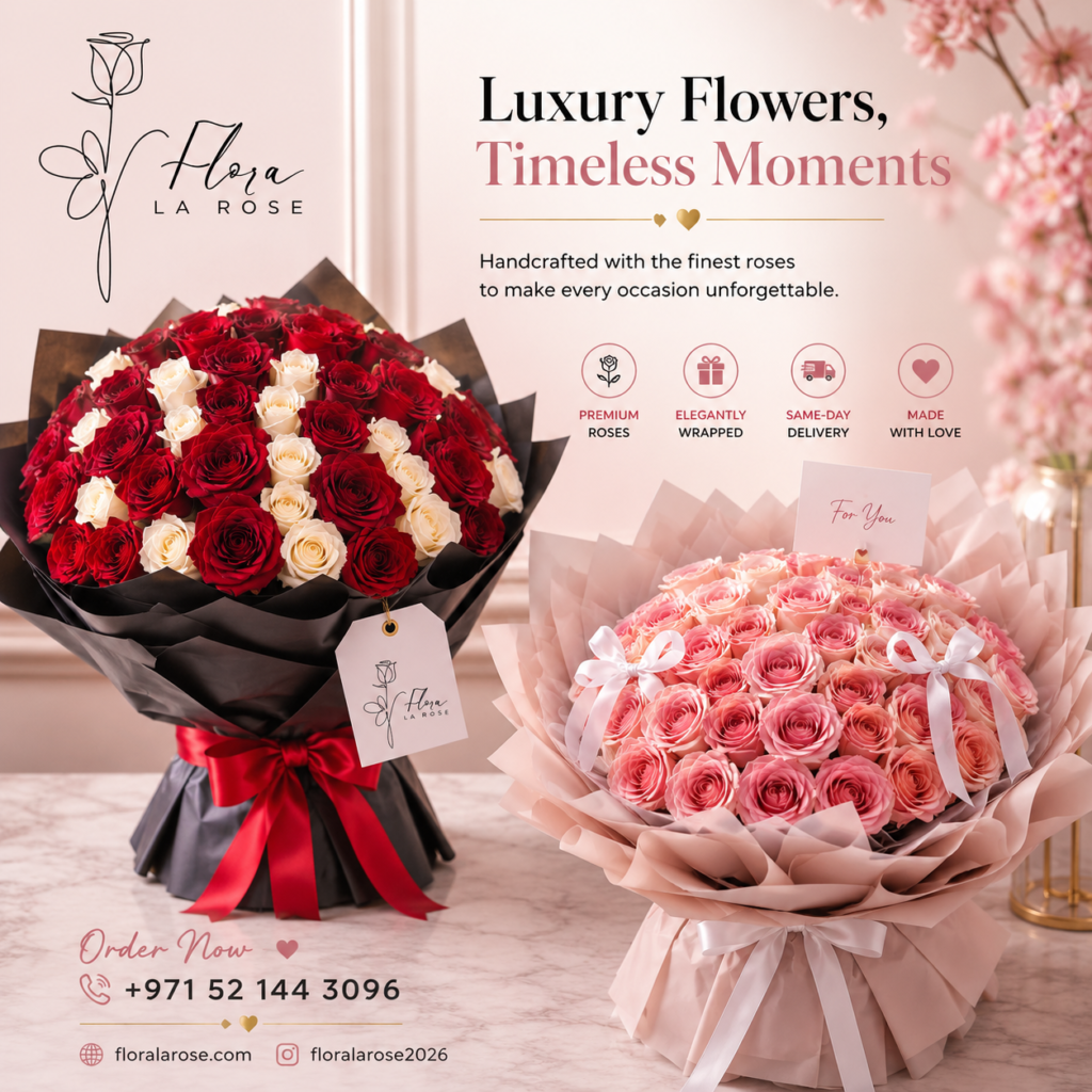 Luxury fresh rose bouquet with same-day flower delivery in Dubai by Flora La Rose