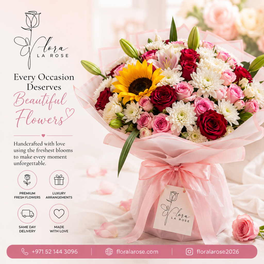 Luxury mixed flower bouquet with roses, lilies, chrysanthemums, and sunflower by Flora La Rose for same-day flower delivery across JVC, JVT, Dubai Marina, Dubai Production City, Nad Al Hamar, and Dubai.