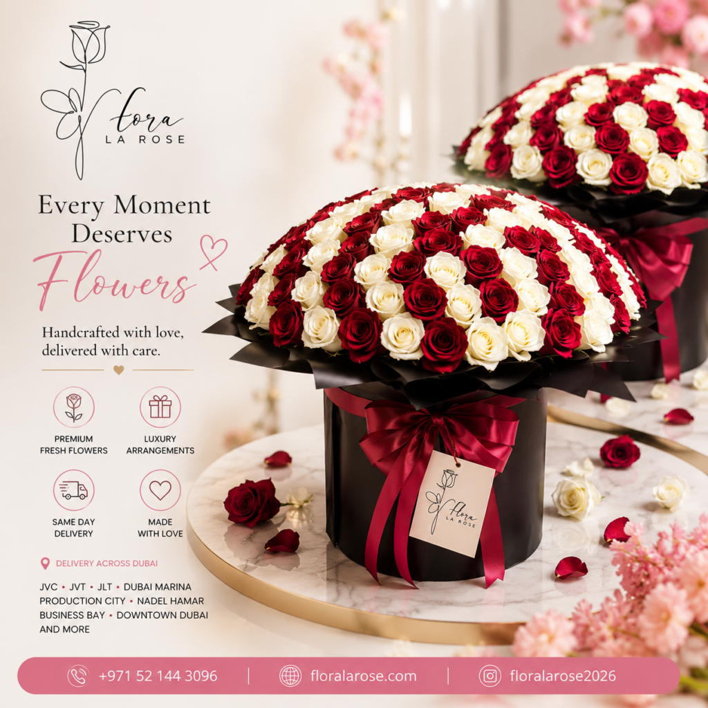 Luxury red and white rose bouquet in elegant black floral box by Flora La Rose with same-day flower delivery across Dubai including Dubai Marina, JVC, JVT, JLT, Business Bay, Production City, Nadd Al Hamar, and Downtown Dubai.
