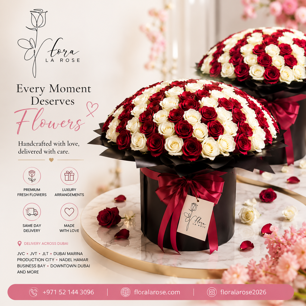 Luxury red and white rose bouquet in elegant black floral box by Flora La Rose with same-day flower delivery across Dubai including Dubai Marina, JVC, JVT, JLT, Business Bay, Production City, Nadd Al Hamar, and Downtown Dubai.