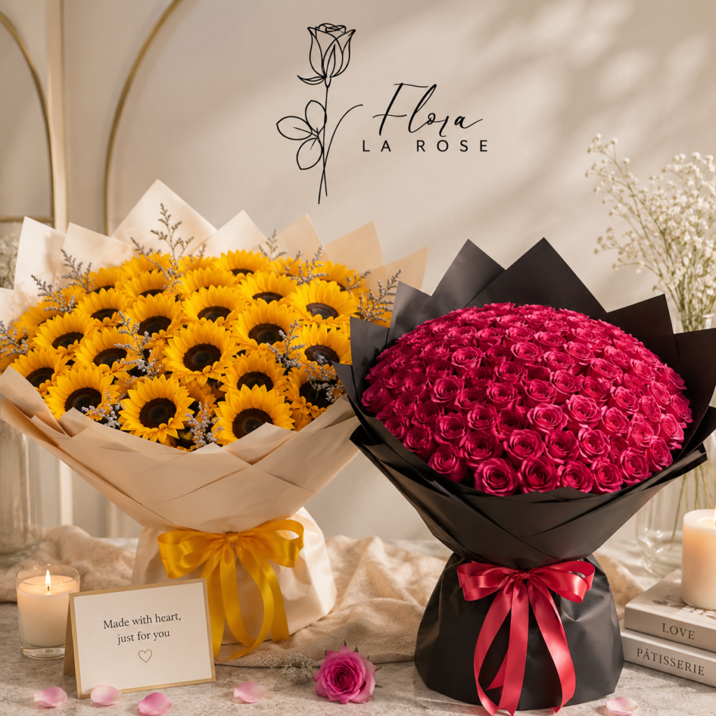 Luxury Flower Bouquets Dubai featuring premium sunflower bouquet and luxury rose bouquet by Flora La Rose with same-day flower delivery across Dubai.