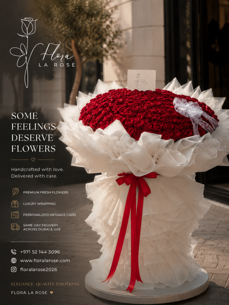 Luxury Red Rose Bouquet by Flora La Rose with premium fresh roses, elegant white wrapping, and same-day flower delivery in Dubai, UAE.
