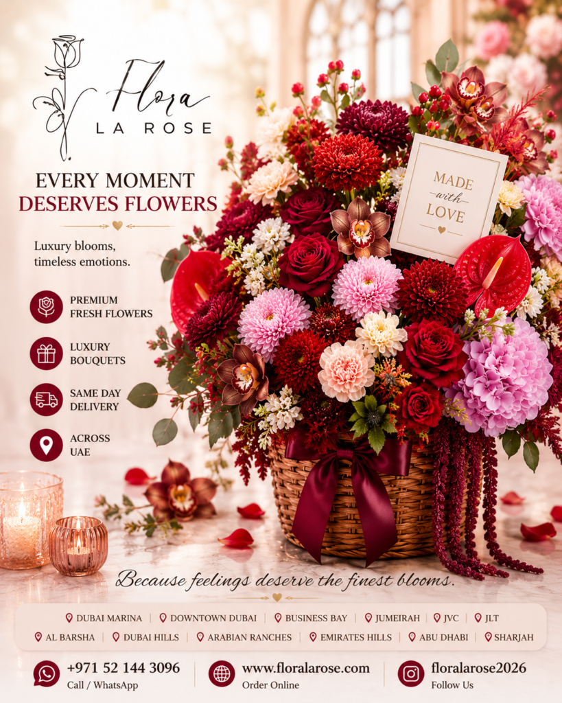 Luxury Flower Basket Dubai handcrafted with premium roses, orchids, hydrangeas, chrysanthemums, carnations, and fresh flowers by Flora La Rose with same-day flower delivery across Dubai.
