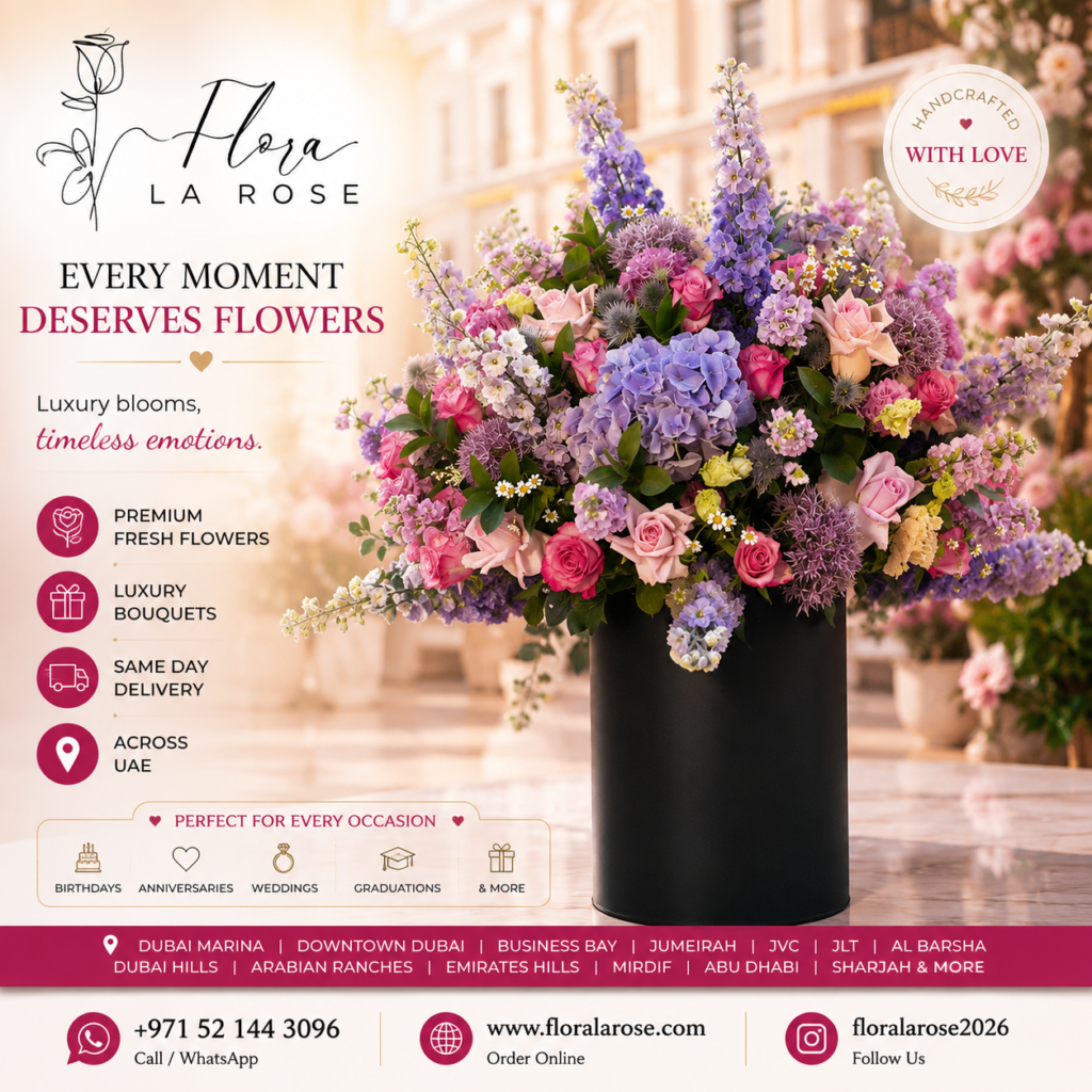 Luxury event flower arrangements in Dubai featuring premium floral stands and fresh flower decorations by Flora La Rose.