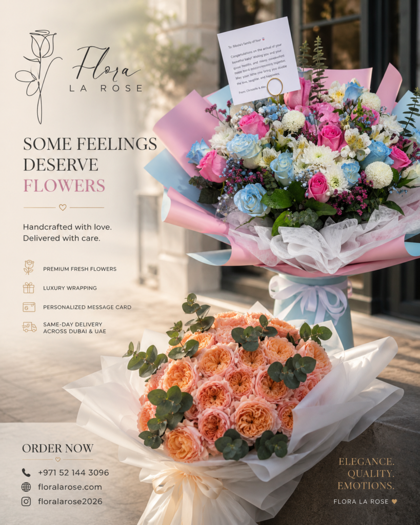 Luxury welcome baby flower bouquet by Flora La Rose featuring premium pink, blue, and white flowers with elegant wrapping for newborn celebrations in Dubai, UAE.