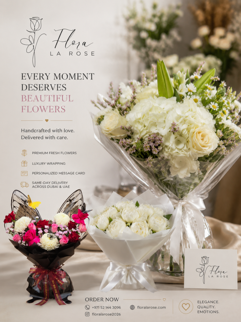 Elegant handcrafted luxury flower bouquet with fresh white flowers and roses by Flora La Rose in Dubai.