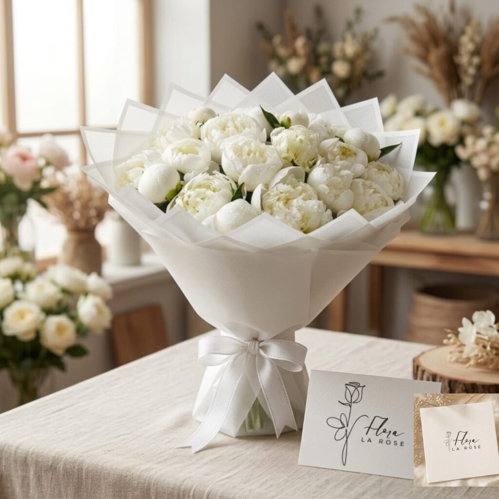 Luxury White Peony Bouquet by Flora La Rose featuring premium fresh white peonies with elegant white wrapping and same-day flower delivery in Dubai, UAE.