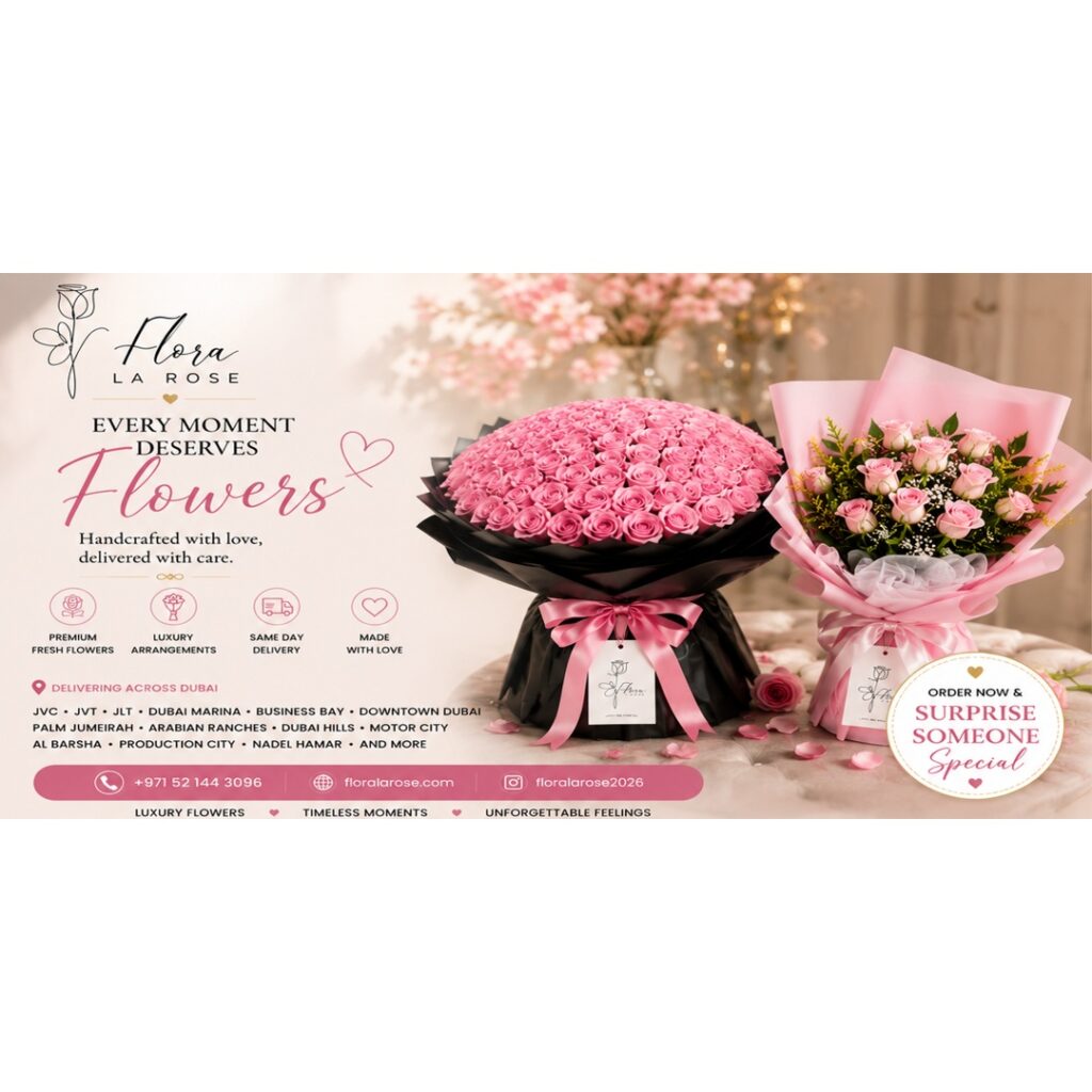Luxury Pink Rose Bouquet by Flora La Rose with same-day flower delivery in Dubai, JVC, JVT, Dubai Marina, JLT, Business Bay, Nad Al Hamar, and Dubai Production City.