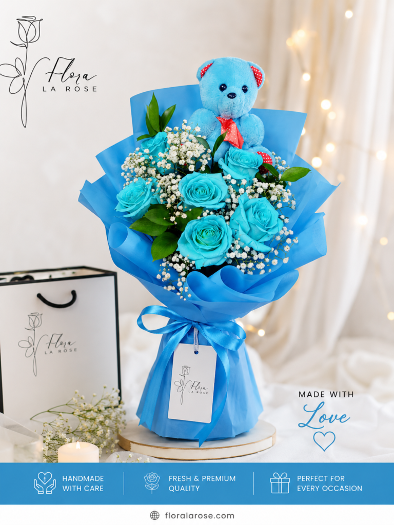 Blue rose bouquet Dubai with teddy bear by Flora La Rose