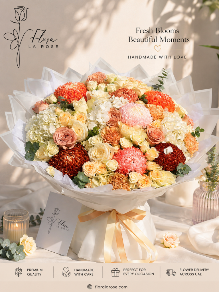 Luxury flower bouquet Dubai with roses, hydrangeas and premium seasonal flowers by Flora La Rose