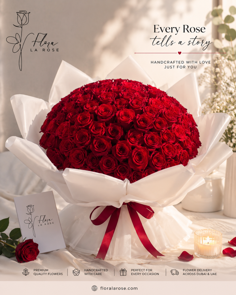 Luxury red rose bouquet Dubai with premium red roses by Flora La Rose