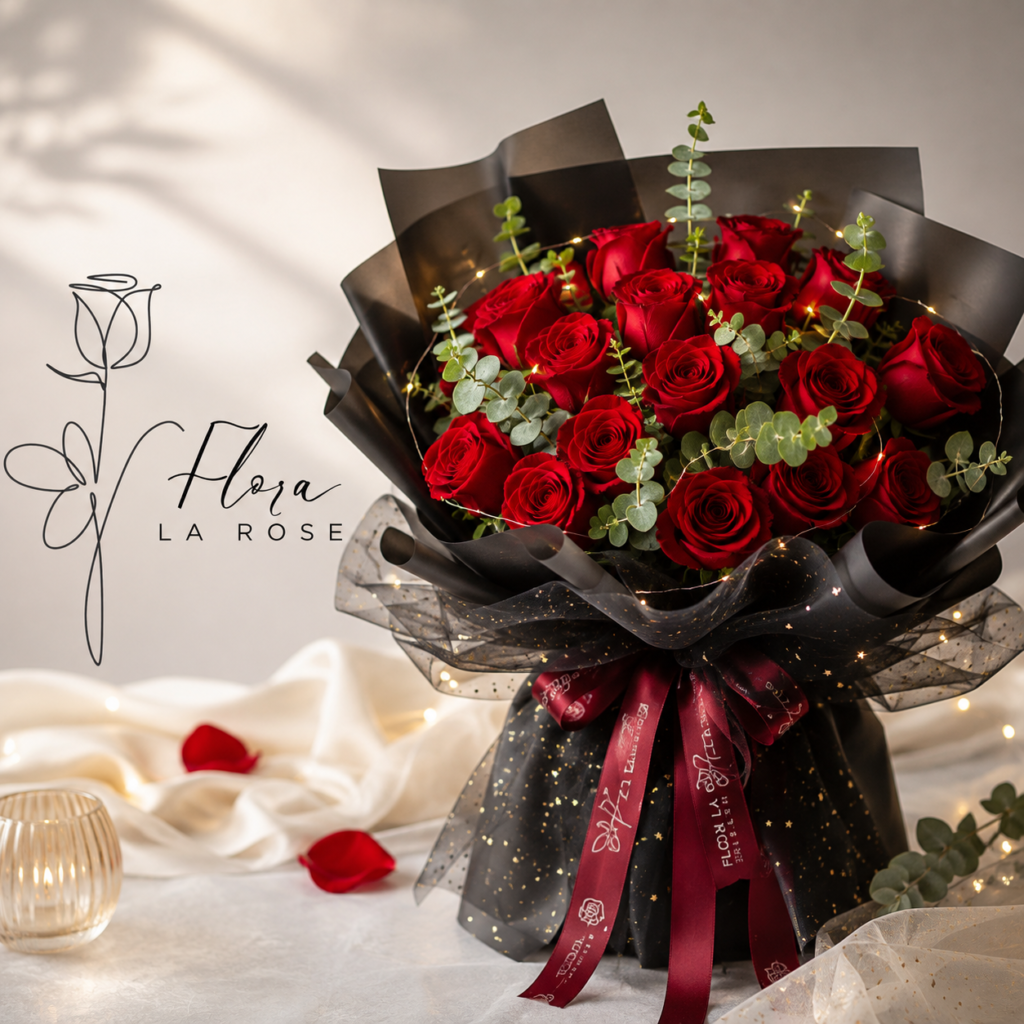 Luxury red rose bouquet with eucalyptus and elegant black wrapping in Dubai