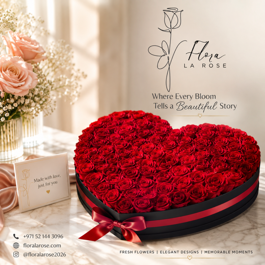 Luxury red rose heart box with fresh roses for flower delivery in Dubai by Flora La Rose