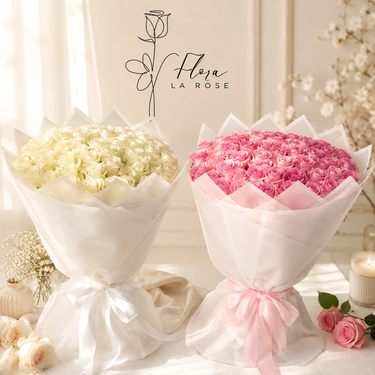 Luxury pink and white rose bouquets by Flora La Rose in Dubai with elegant premium wrapping.