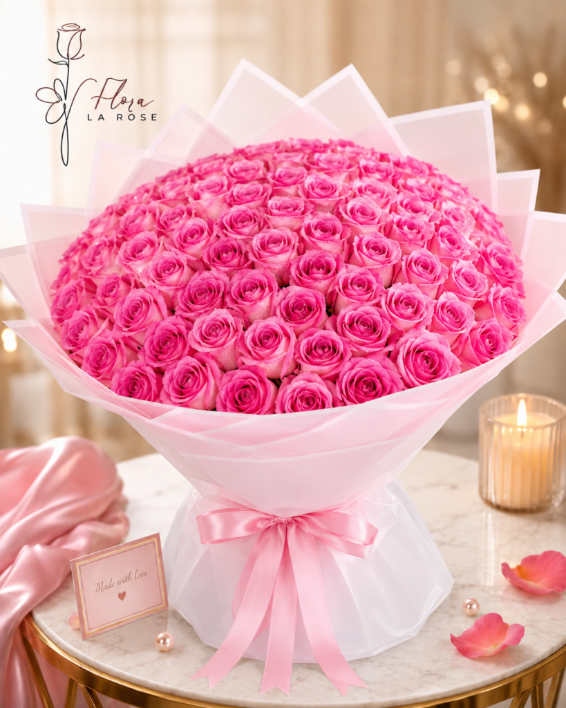 Luxury pink rose bouquet with elegant wrapping by Flora La Rose in Dubai
