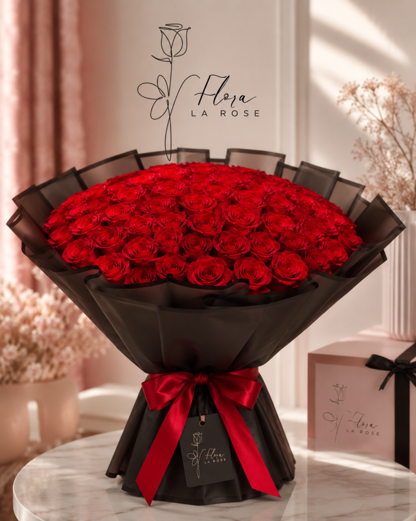 Luxury Red Rose Bouquet in Elegant Black Wrapping | Same Day Flower Delivery Dubai | Flora La Rose