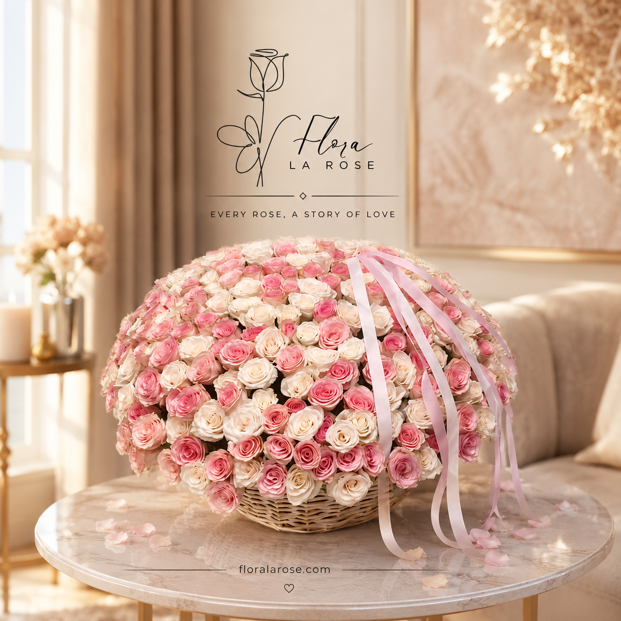 Luxury Pink White Rose Basket Dubai by Flora La Rose – Premium Fresh Rose Basket with Same-Day Flower Delivery