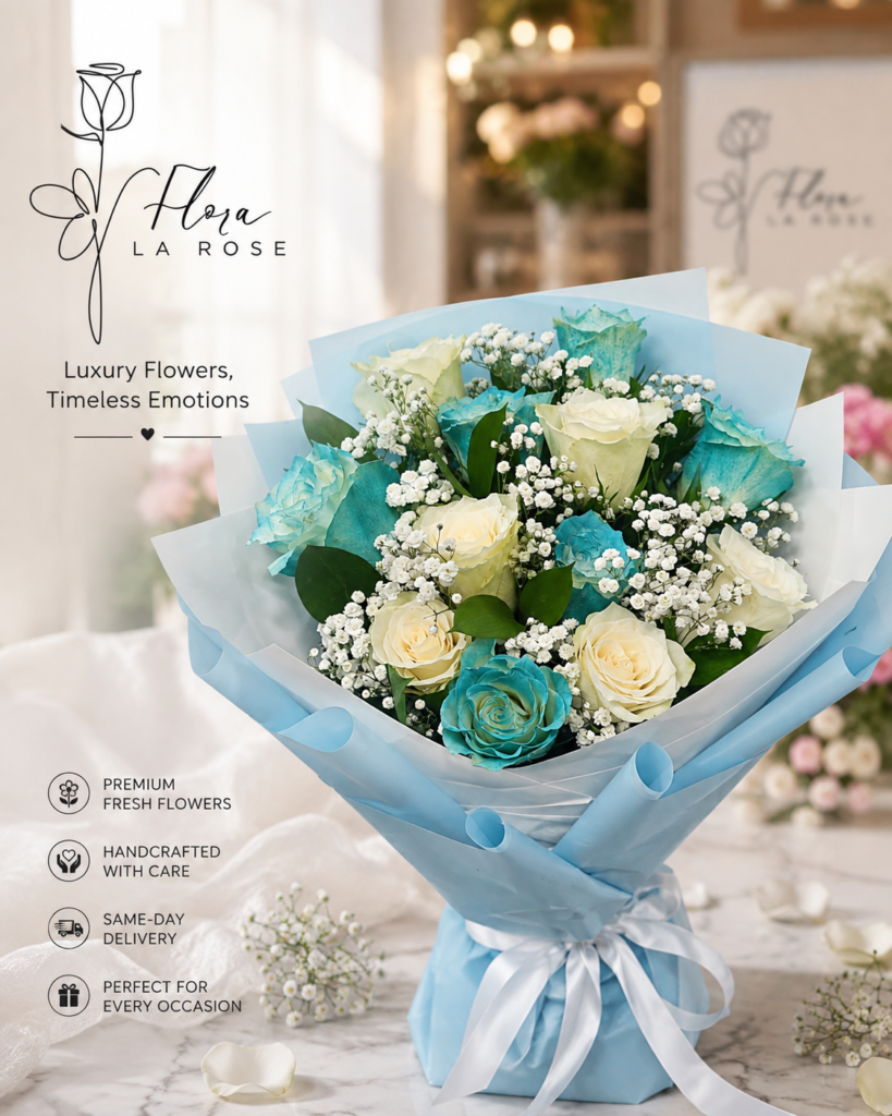Luxury Blue & White Rose Bouquet Dubai – Premium Fresh Roses with Same-Day Flower Delivery by Flora La Rose