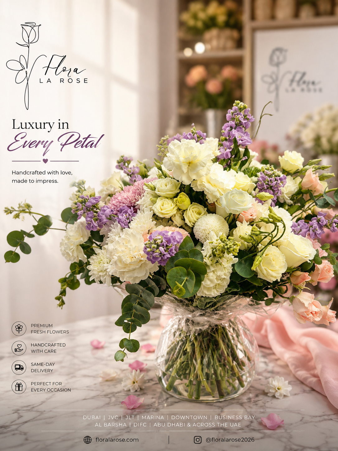 Luxury fresh flower bouquet in Dubai with white, cream and lavender flowers by Flora La Rose