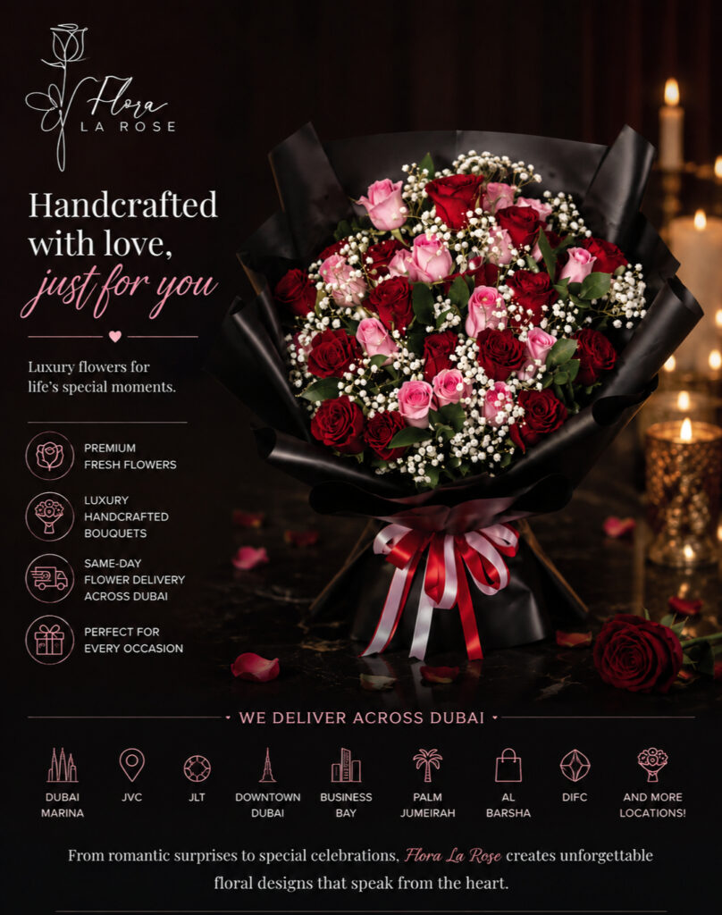 Luxury red and pink rose bouquet with fresh flowers by Flora La Rose in Dubai