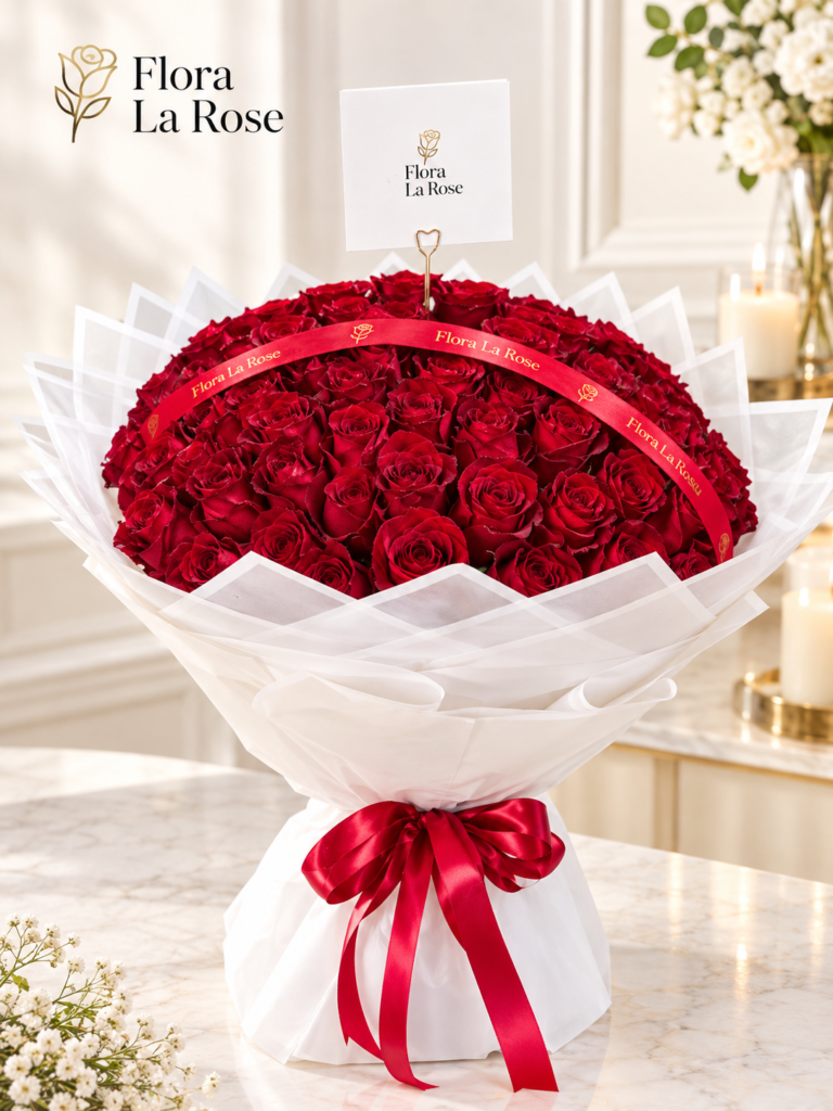 Luxury red rose bouquet in Dubai with elegant white wrapping by Flora La Rose