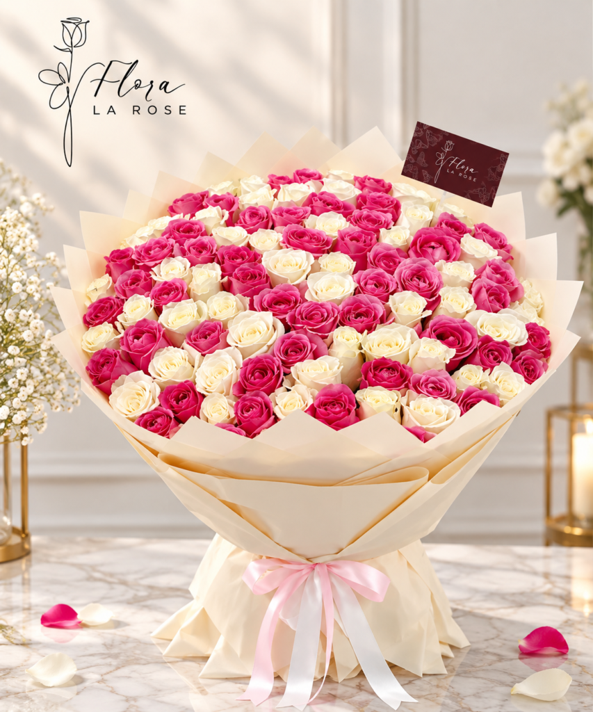 Luxury pink and white rose bouquet with elegant wrapping in Dubai – Flora La Rose
