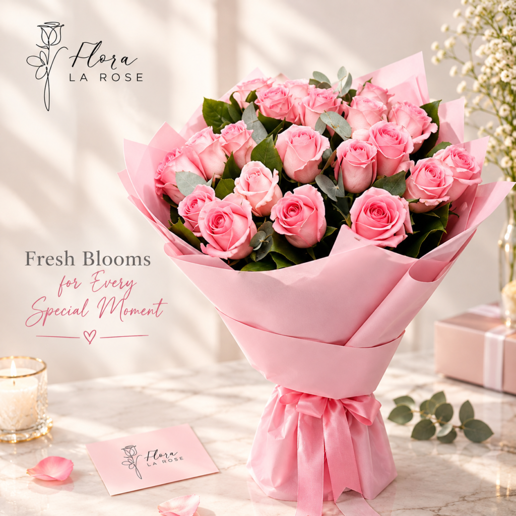 Fresh pink rose bouquet with greenery and elegant pink wrapping in Dubai – Flora La Rose