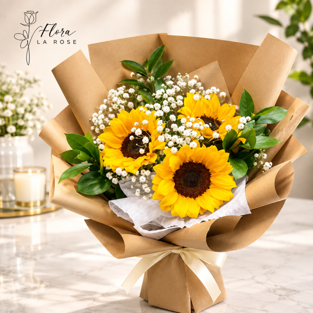 Fresh yellow sunflower bouquet with white baby’s breath and greenery by Flora La Rose in Dubai