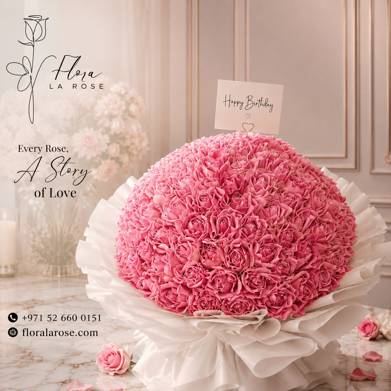 Luxury pink rose bouquet with elegant white wrapping, perfect for birthday gifts and special occasions in Dubai from Flora La Rose.