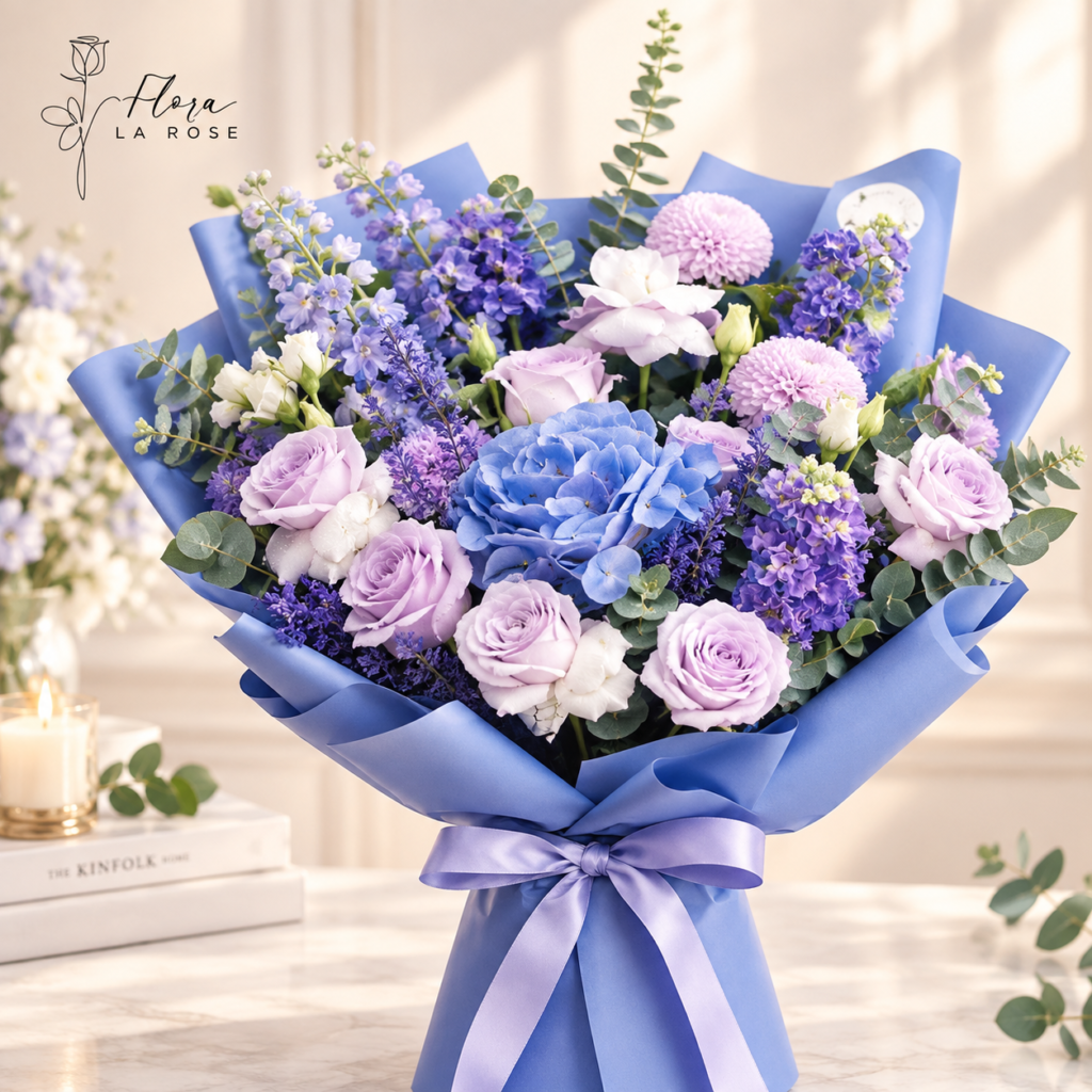 Elegant blue and lavender flower bouquet with roses, hydrangeas and eucalyptus by Flora La Rose Dubai