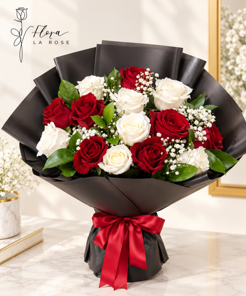 Luxury red and white rose bouquet with baby's breath by Flora La Rose Dubai