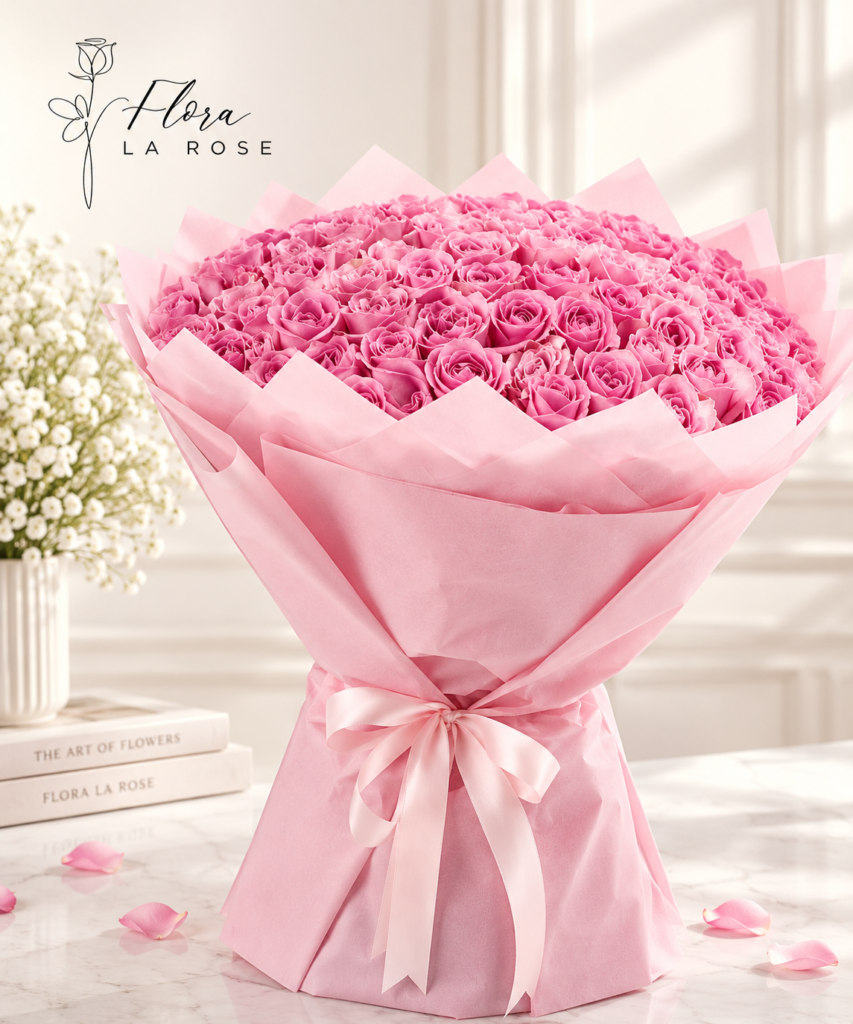 Luxury pink rose bouquet with elegant wrapping and ribbon by Flora La Rose in Dubai
