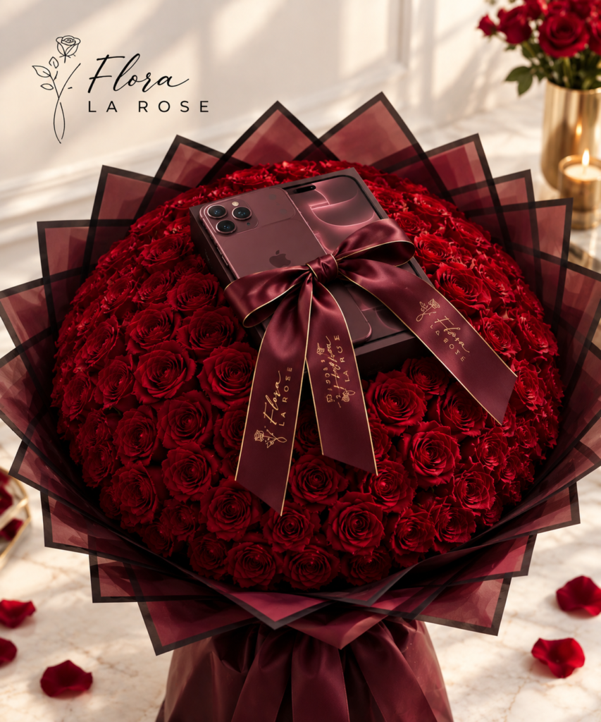 Luxury red rose bouquet with modern pink and burgundy inspired gifting presentation in Dubai