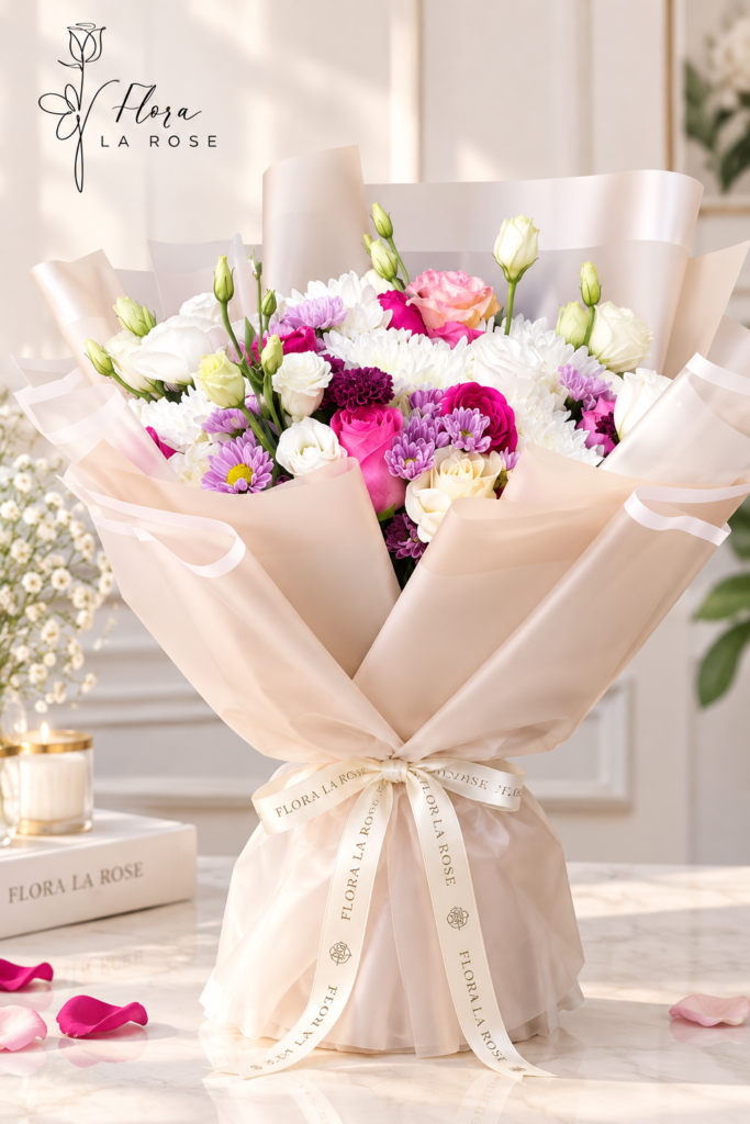 Luxury fresh flower bouquet in Dubai by Flora La Rose with pink white and lavender flowers