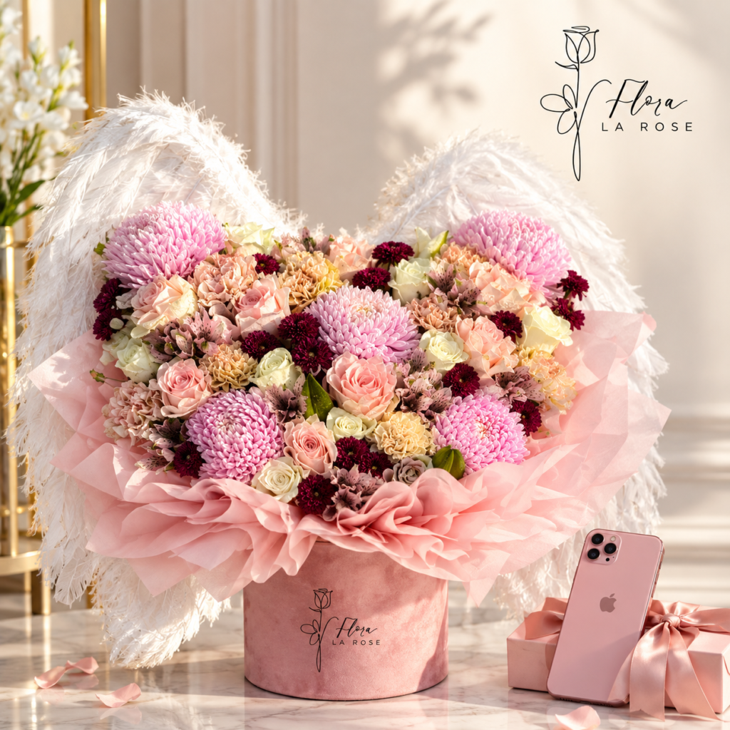 Luxury pastel flower bouquet with pink roses and chrysanthemums in a premium pink hat box by Flora La Rose Dubai