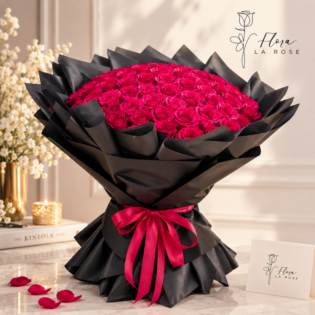 Luxury red rose bouquet wrapped in black paper with a red ribbon by Flora La Rose Dubai
