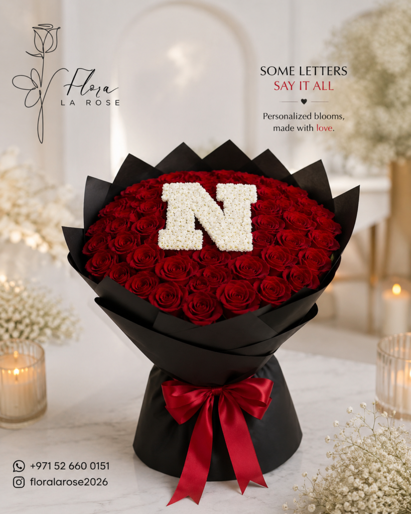 Personalized red rose bouquet with white letter N in Dubai – Flora La Rose