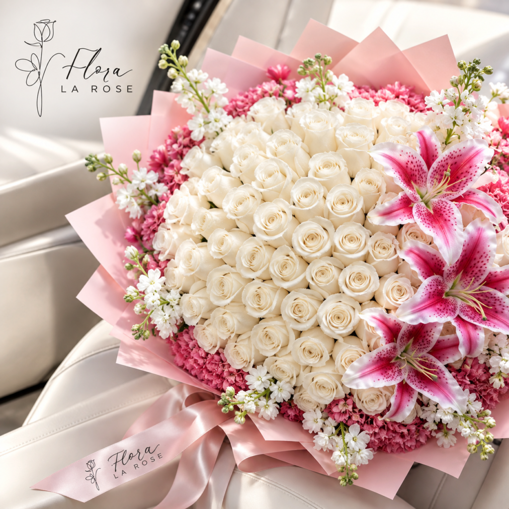 Luxury white rose and pink lily bouquet by Flora La Rose for flower delivery in Dubai