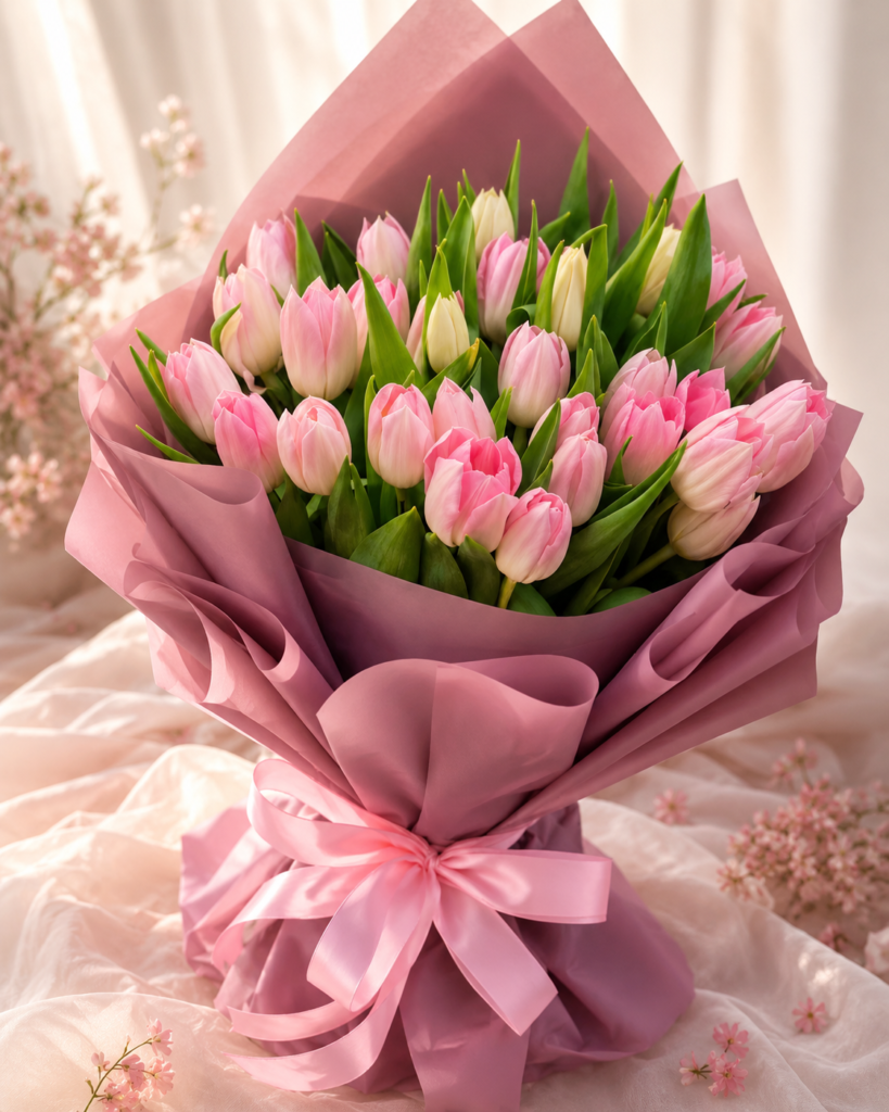 Pink tulip bouquet in Dubai with elegant pink wrapping – Flora La Rose