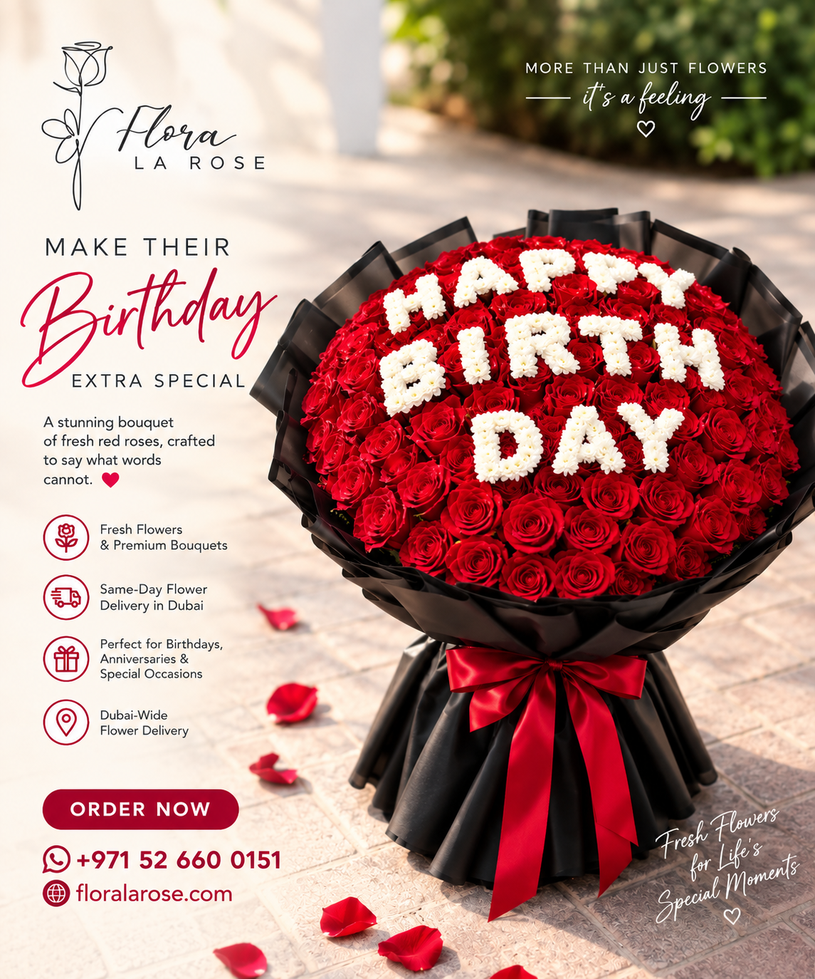 Birthday flowers in Dubai by Flora La Rose – beautiful fresh flower bouquet arranged for a special birthday surprise and flower delivery in Dubai.