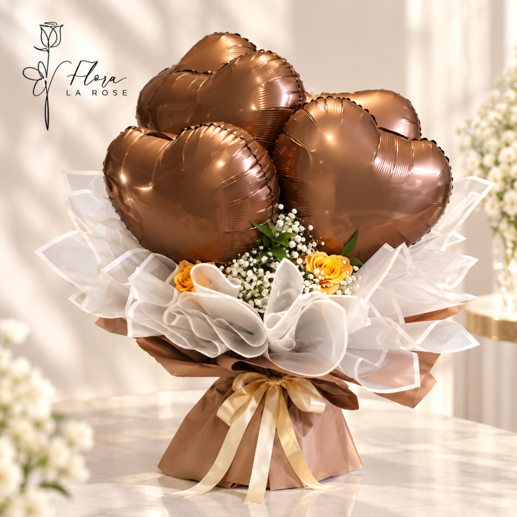 Luxury bronze heart balloon and golden rose bouquet by Flora La Rose Dubai