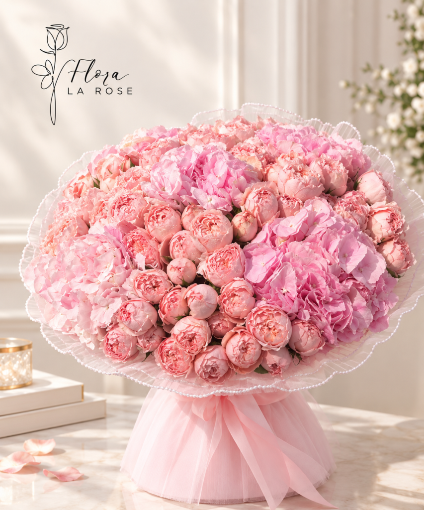Luxury pink rose and hydrangea bouquet by Flora La Rose Dubai