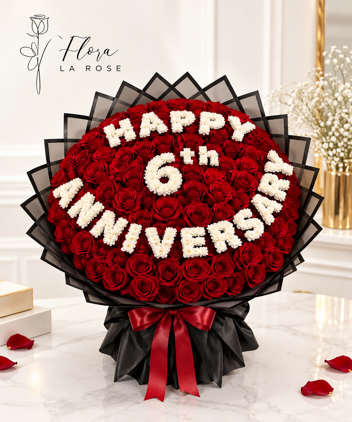 Luxury red rose anniversary bouquet with white floral lettering and black wrapping by Flora La Rose Dubai